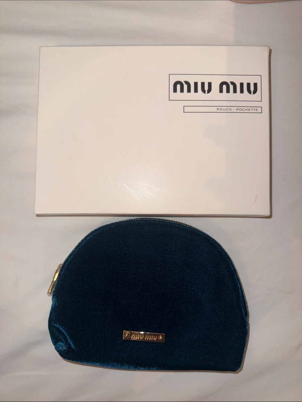 Miu Miu cosmetics emerald Teal Velvet Zip Pouch with Gold Logo pochette